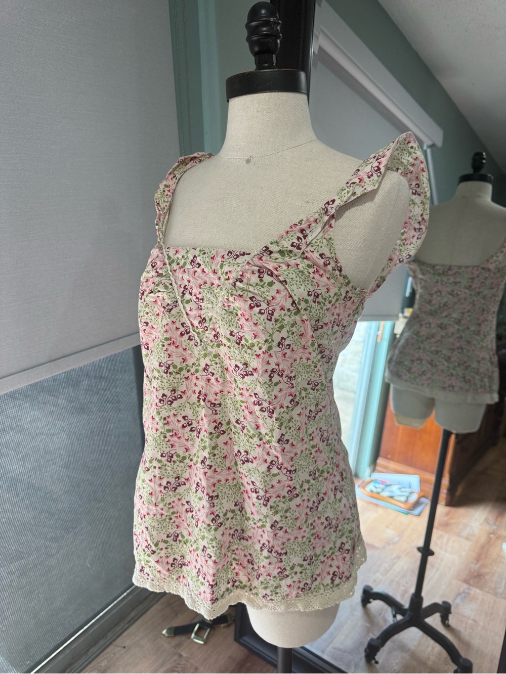 Y2K Floral Lace-Trim Tank Top - Pink & Green